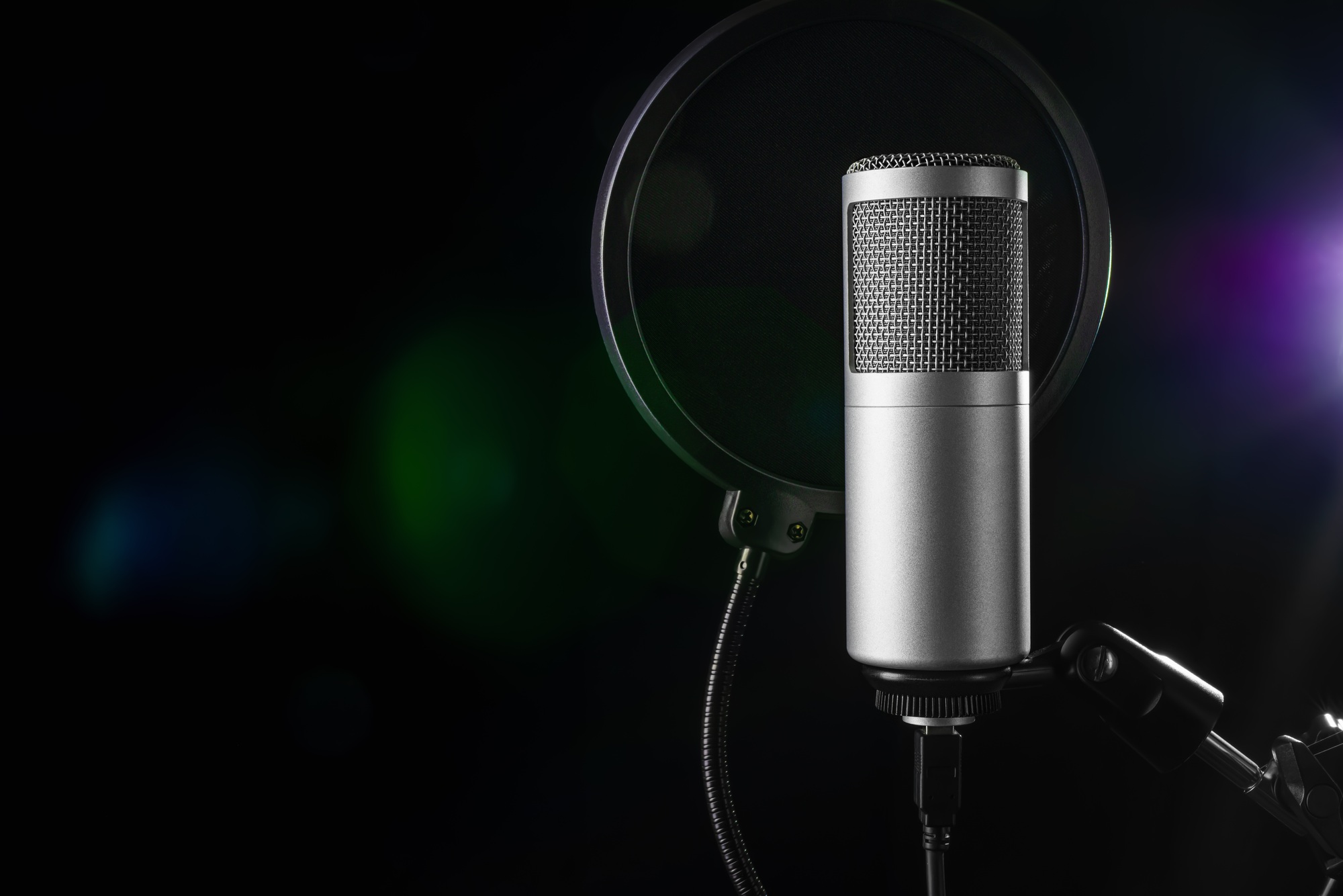 Studio microphone with a pop filter.